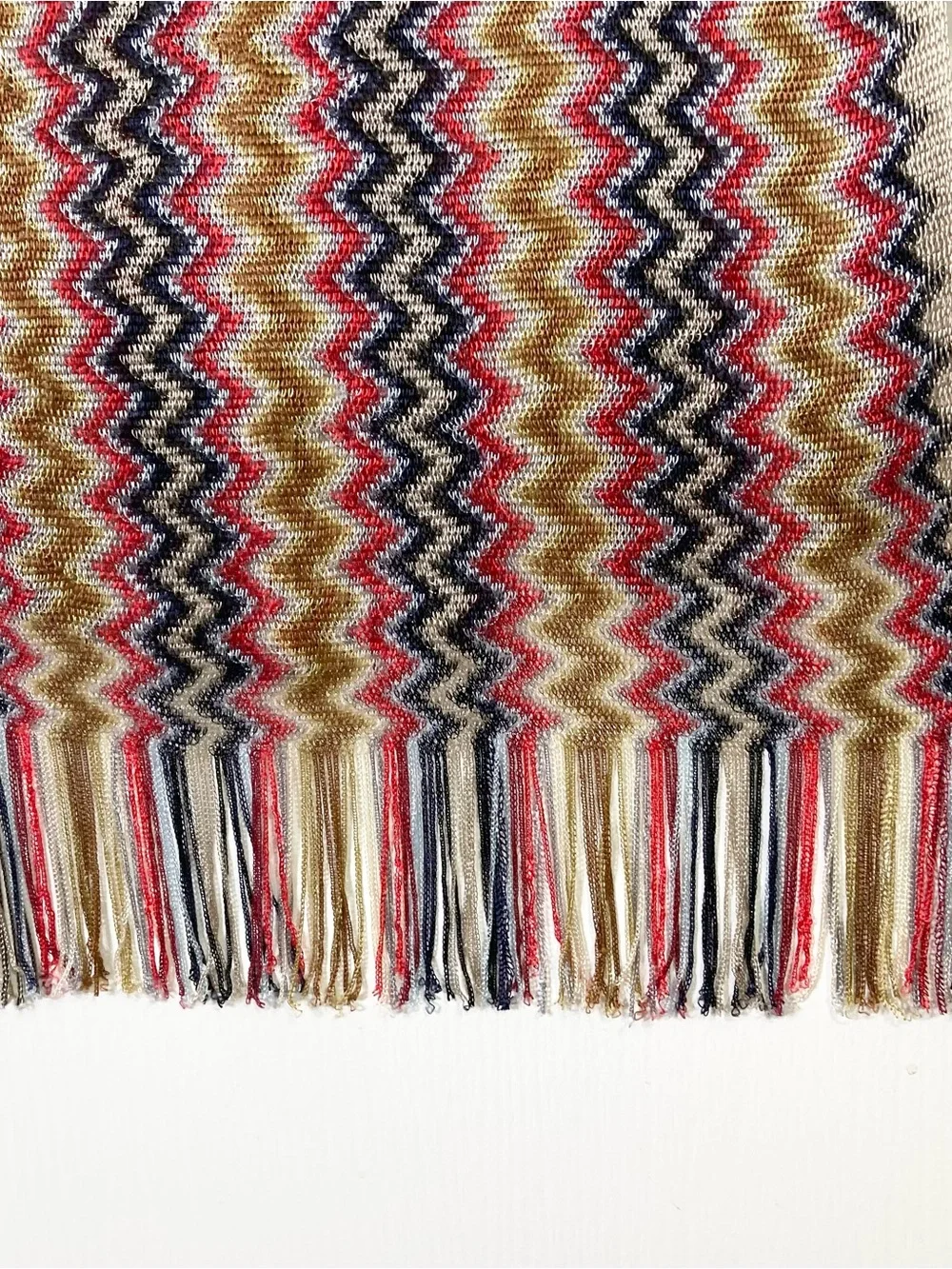 MISSONI Scarf 14.4”x81” ITALY Chevron ZigZag Fringe Knit Multicolor
